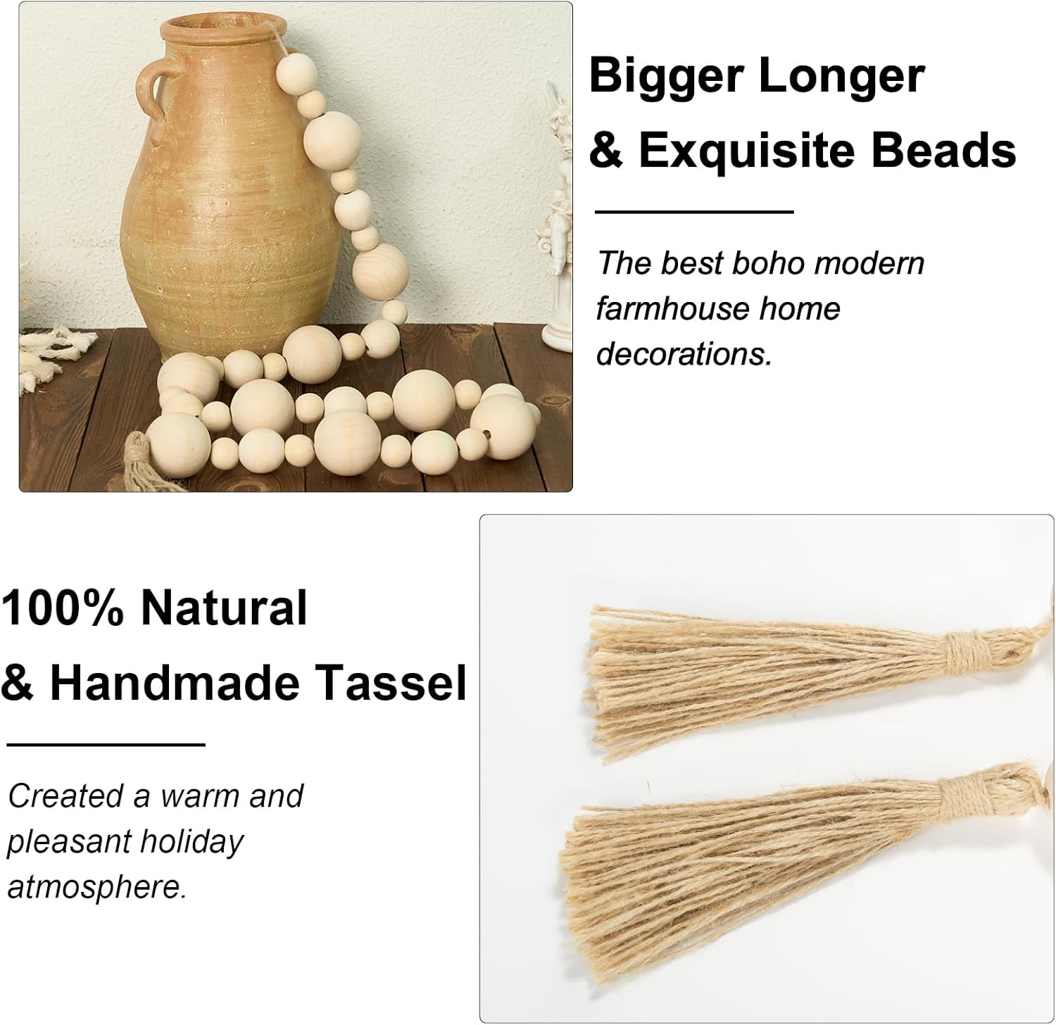 2&#34; Extra Large Wood Bead Garland with Tassels, 60&#34; Long Rustic Farmhouse Wooden Beads Garland, Decorative Beads Boho Decorations for Home Table Mantle Natural Beige