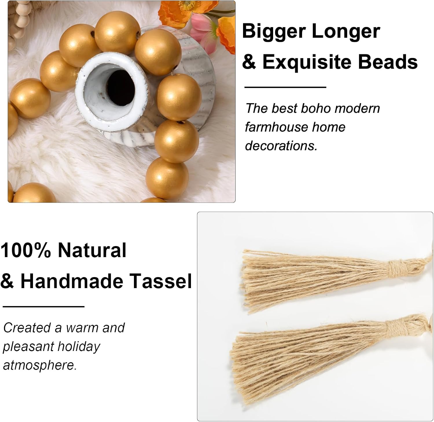OMISHE 76&#34; Long Extra Large Wood Bead Garland with 1.6&#34; Diameter Wooden Beads and Tassels, Rustic Farmhouse Country Decorative Beads for Home Decor Tiered Tray Decor, Gold