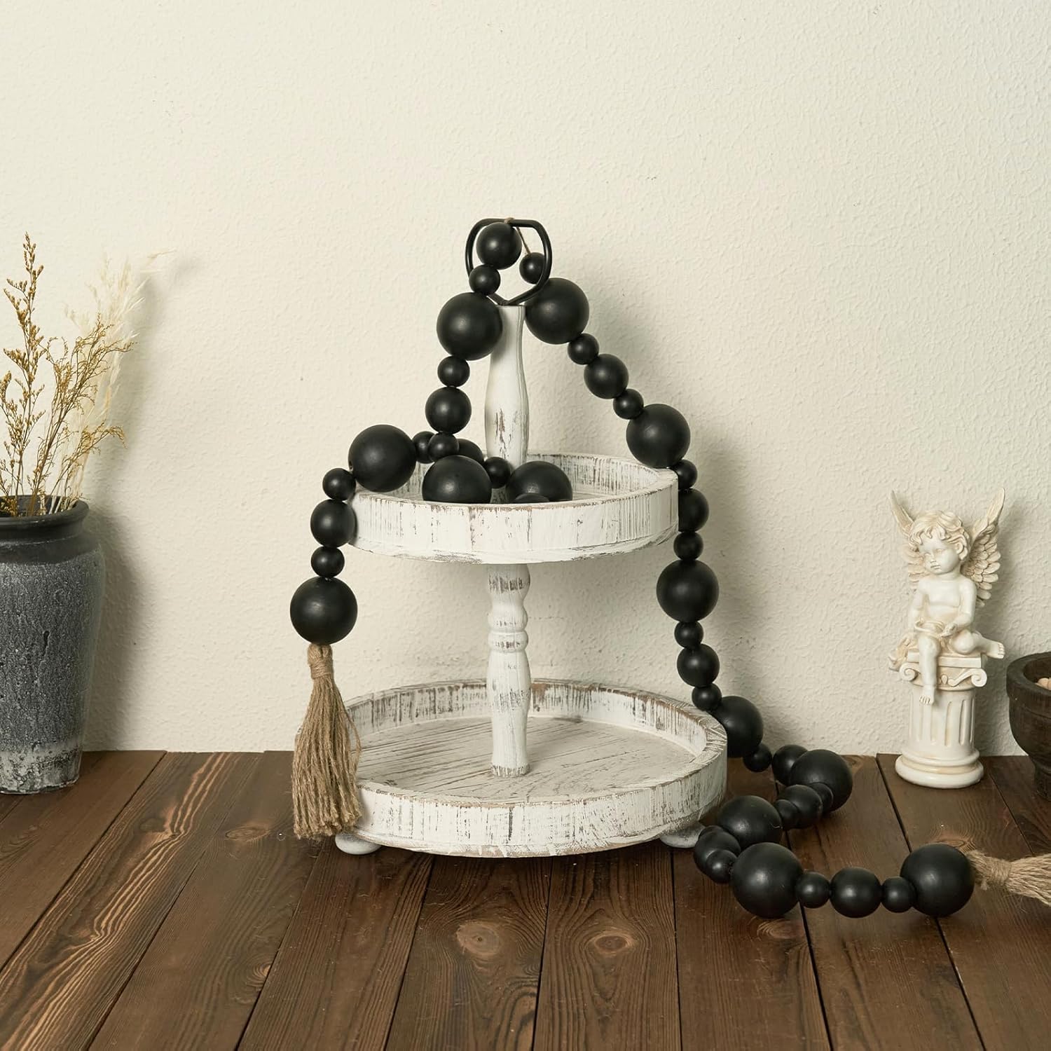 2&#34; Extra Large Wood Bead Garland with Tassels, 75&#34; Long Rustic Farmhouse Wooden Beads Garland, Decorative Beads Boho Decorations for Home Table Mantle Black