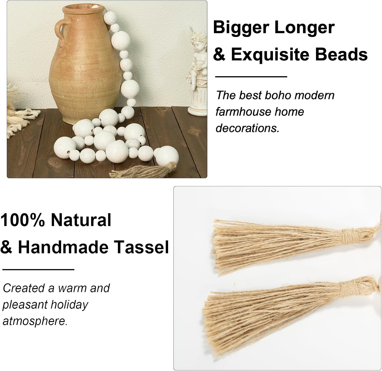 2&#34; Extra Large Wood Bead Garland with Tassels, 60&#34; Long Rustic Farmhouse Wooden Beads Garland, Decorative Beads Boho Decorations for Home Table Mantle White