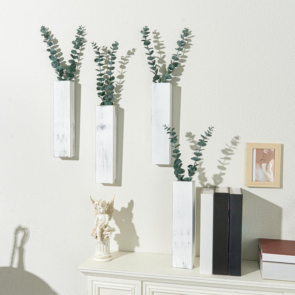 4 Pack Wood Wall Planters with 8 Pcs Artificial Eucalyptus, Plant Wall Decor for Living Room, Bedroom, Bathroom, Office, Wall Hanging Decor Wall Vase with Faux Plants, Rustic White