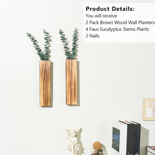 2 Pack Wood Wall Planters with 4 Pcs Artificial Eucalyptus, Plant Wall Decor for Living Room, Bedroom, Bathroom, Office, Wall Hanging Decor Wall Vase with Faux Plants, Brown
