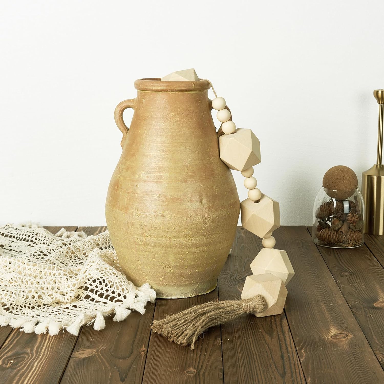 2&#34; Octagonal Extra Large Wood Bead Garland with Tassels, 28&#34; Long Rustic Farmhouse Wooden Beads Garland, Decorative Beads Boho Decorations for Home Table Mantle Natural Beige