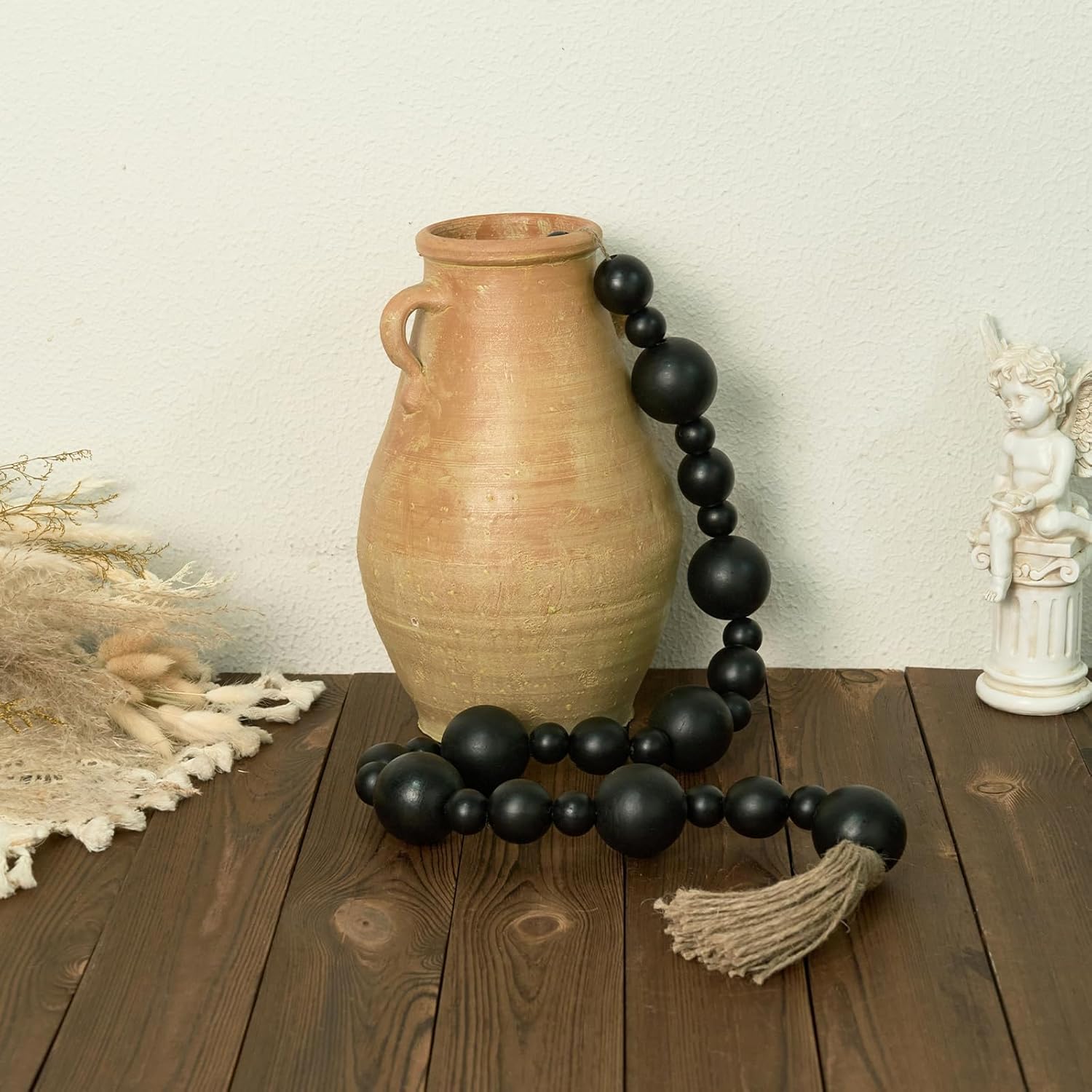 2&#34; Extra Large Wood Bead Garland with Tassels, 50&#34; Long Rustic Farmhouse Wooden Beads Garland, Decorative Beads Boho Decorations for Home Table Mantle Black