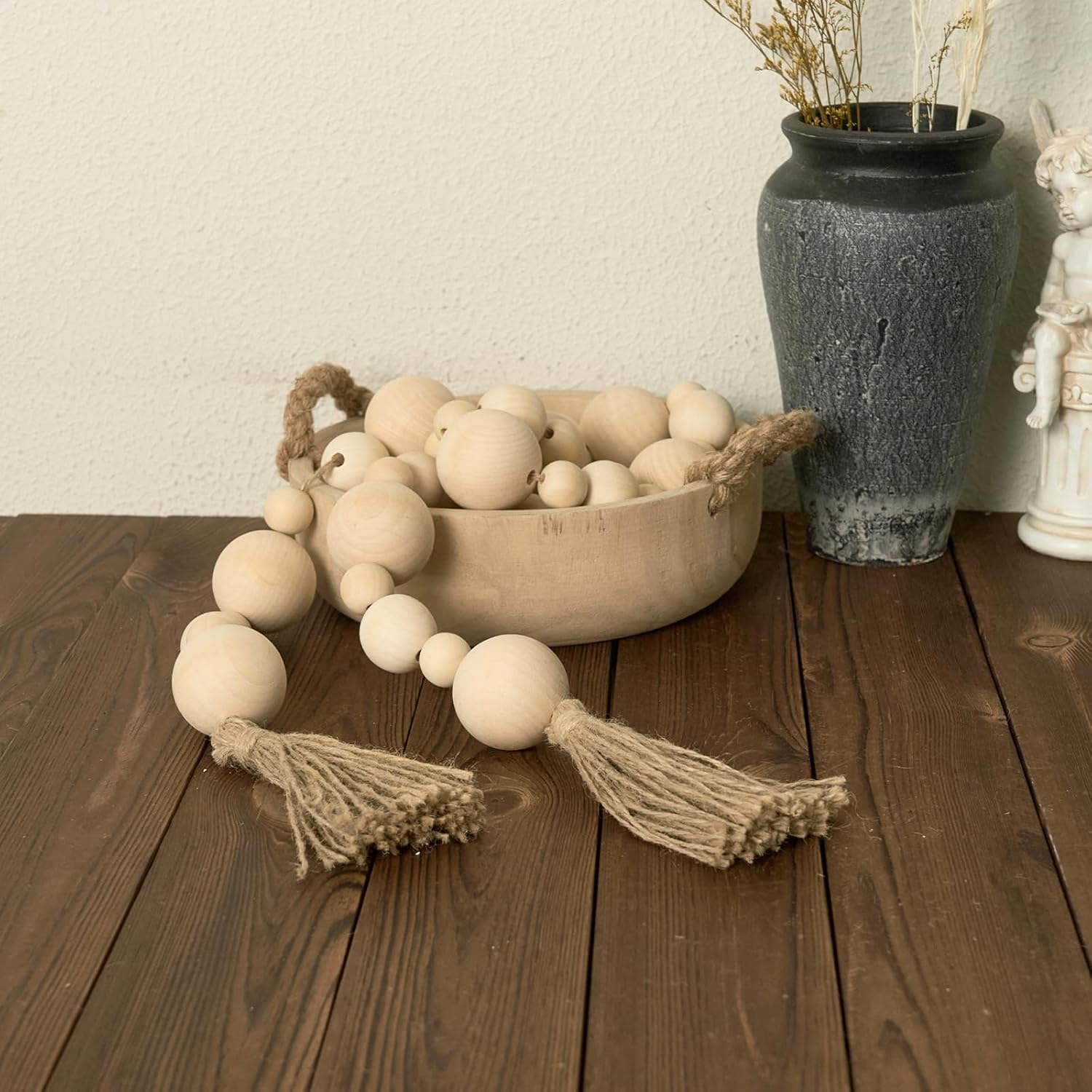 2&#34; Extra Large Wood Bead Garland with Tassels, 75&#34; Long Rustic Farmhouse Wooden Beads Garland, Decorative Beads Boho Decorations for Home Table Mantle Natural Beige