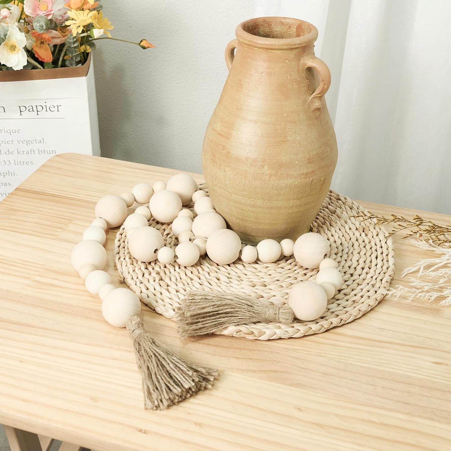 2&#34; Extra Large Wood Bead Garland with Tassels, 60&#34; Long Rustic Farmhouse Wooden Beads Garland, Decorative Beads Boho Decorations for Home Table Mantle Natural Beige