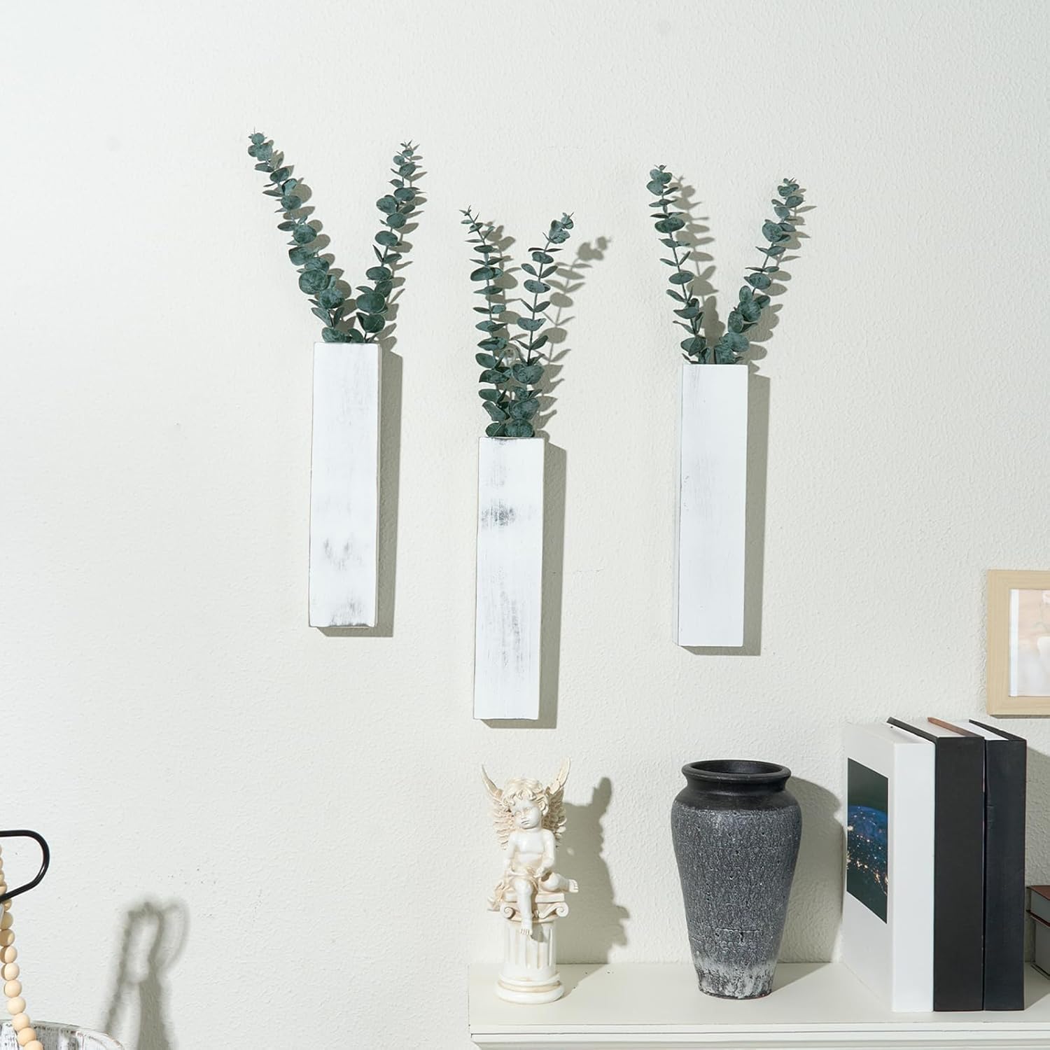 3 Pack Wood Wall Planters with 6 Pcs Artificial Eucalyptus, Plant Wall Decor for Living Room, Bedroom, Bathroom, Office, Wall Hanging Decor Wall Vase with Faux Plants, Rustic White