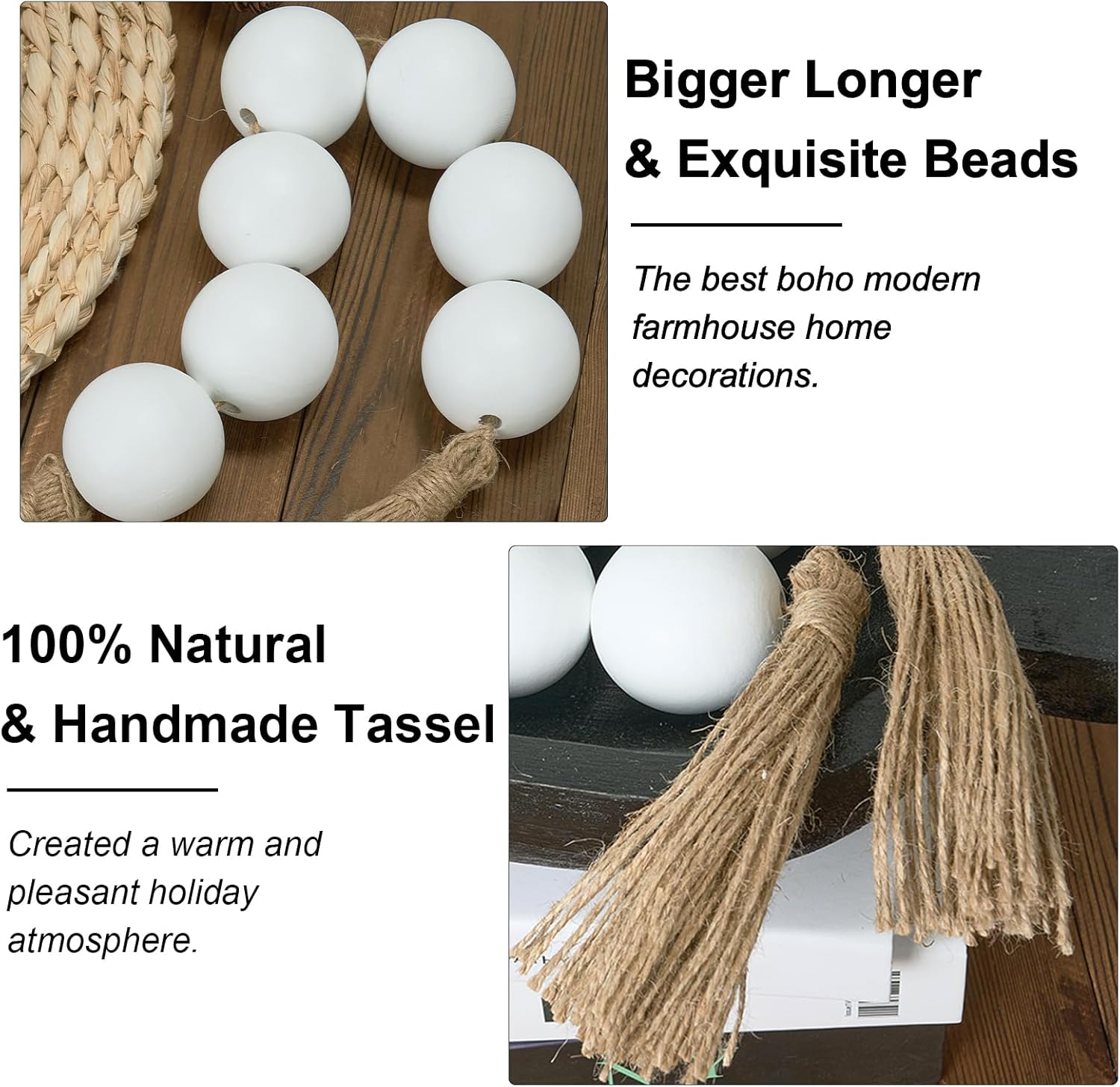 OMISHE Extra Large Wood Bead Garland with 2&#34; Diameter Wooden Beads, 25.5&#34; Long Rustic Farmhouse Wooden Decorative Beads Boho Decorations for Home Table Mantle, White