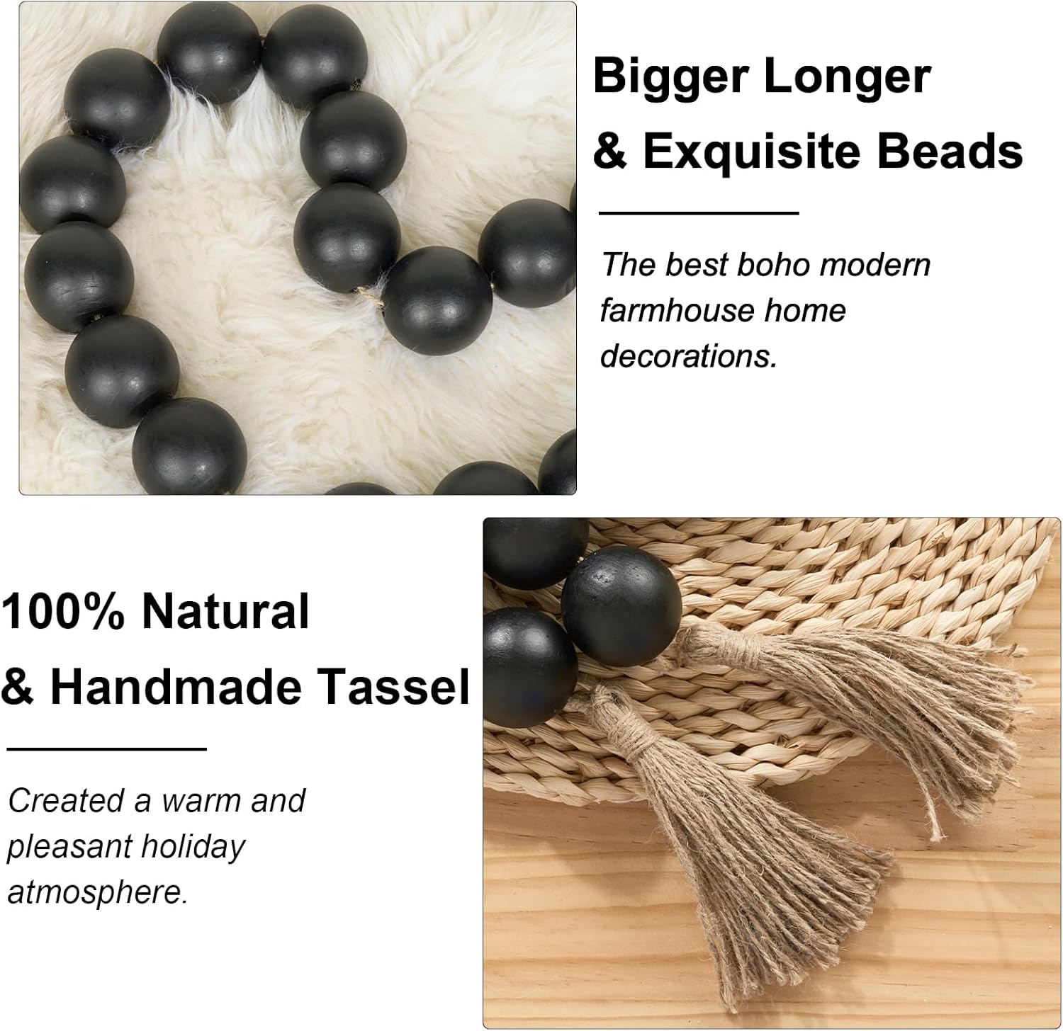 OMISHE Extra Large Wood Bead Garland with 2&#34; Diameter Wooden Beads, 49&#34; Long Rustic Farmhouse Wooden Beads Garland with Tassels, Decorative Beads Boho Decorations for Home Table Mantle Black