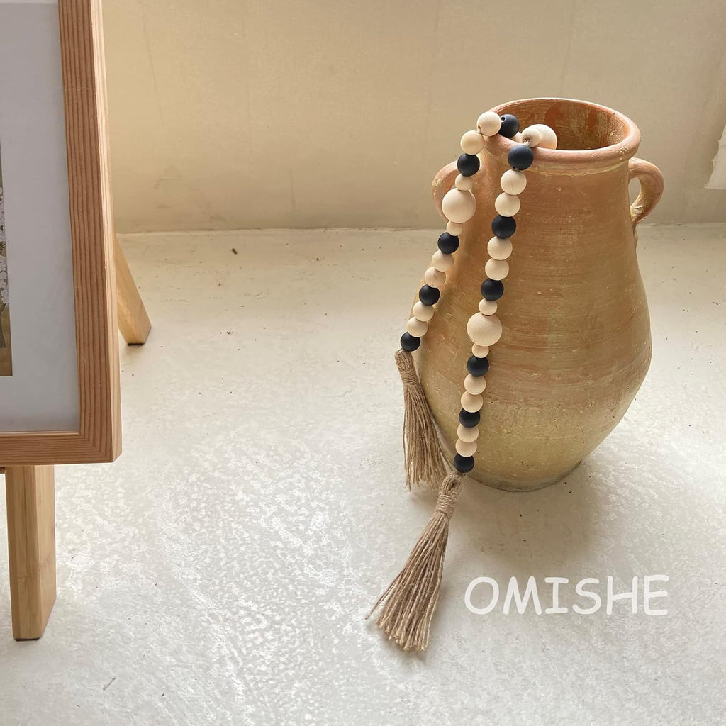 OMISHE Wood Bead Garland with Tassels 61 Inches, Boho Farmhouse Wooden Decorative Beads for Home Tiered Tray Decor, Beige Black