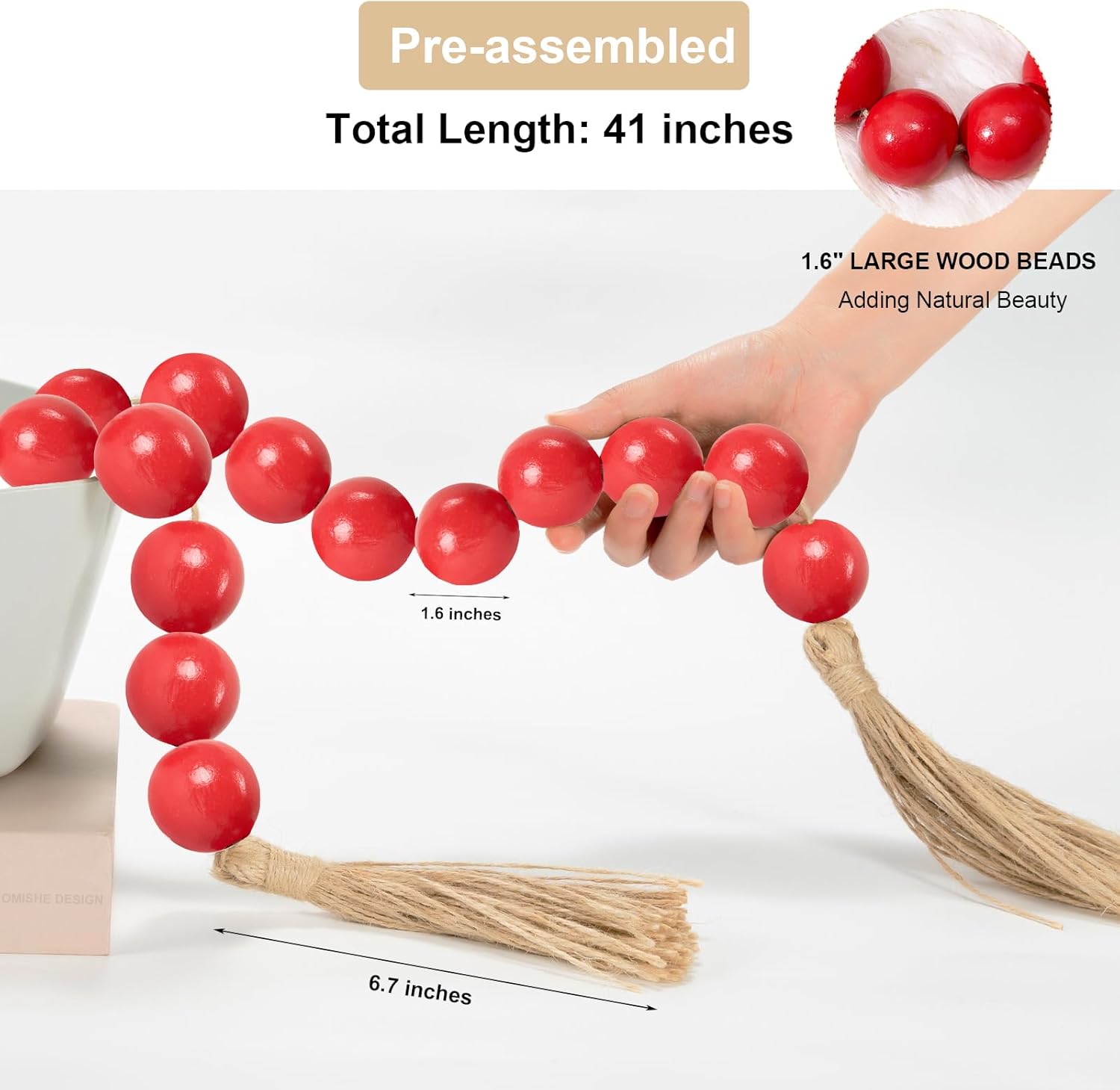 OMISHE Extra Large Wood Bead Garland Red with 1.6&#34; Diameter Wooden Beads and Tassels, 41&#34; Long Rustic Farmhouse Country Decorative Beads for Home Tiered Tray Decor, Red