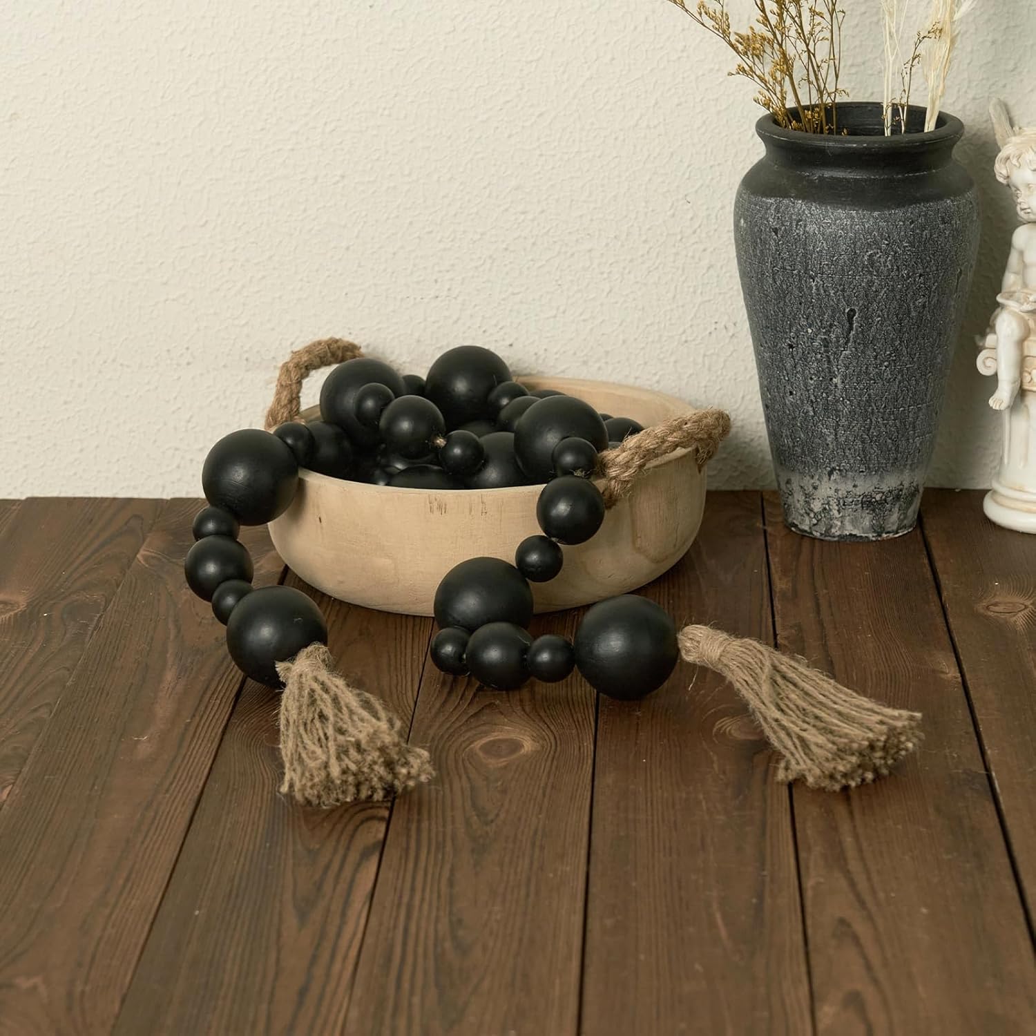 2&#34; Extra Large Wood Bead Garland with Tassels, 75&#34; Long Rustic Farmhouse Wooden Beads Garland, Decorative Beads Boho Decorations for Home Table Mantle Black