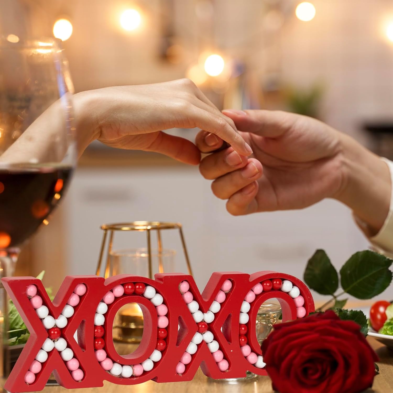 OMISHE XOXO Sign for Tabletop or Wall Hanging, Freestanding Rustic Beaded Letters for Farmhouse Home Table Decor, Gift for Wedding, Housewarming, Valentines Day, Thanksgiving, Red