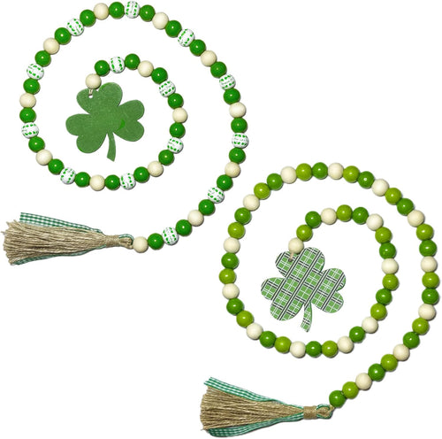 2 Pieces St Patrick&#39;s Day Wood Bead Garlands with Tassels, St Patricks Day Decorations for Home, 42&#34; Rustic Farmhouse Country Wood Beads Boho Shamrock Garland for Tiered Tray Decor