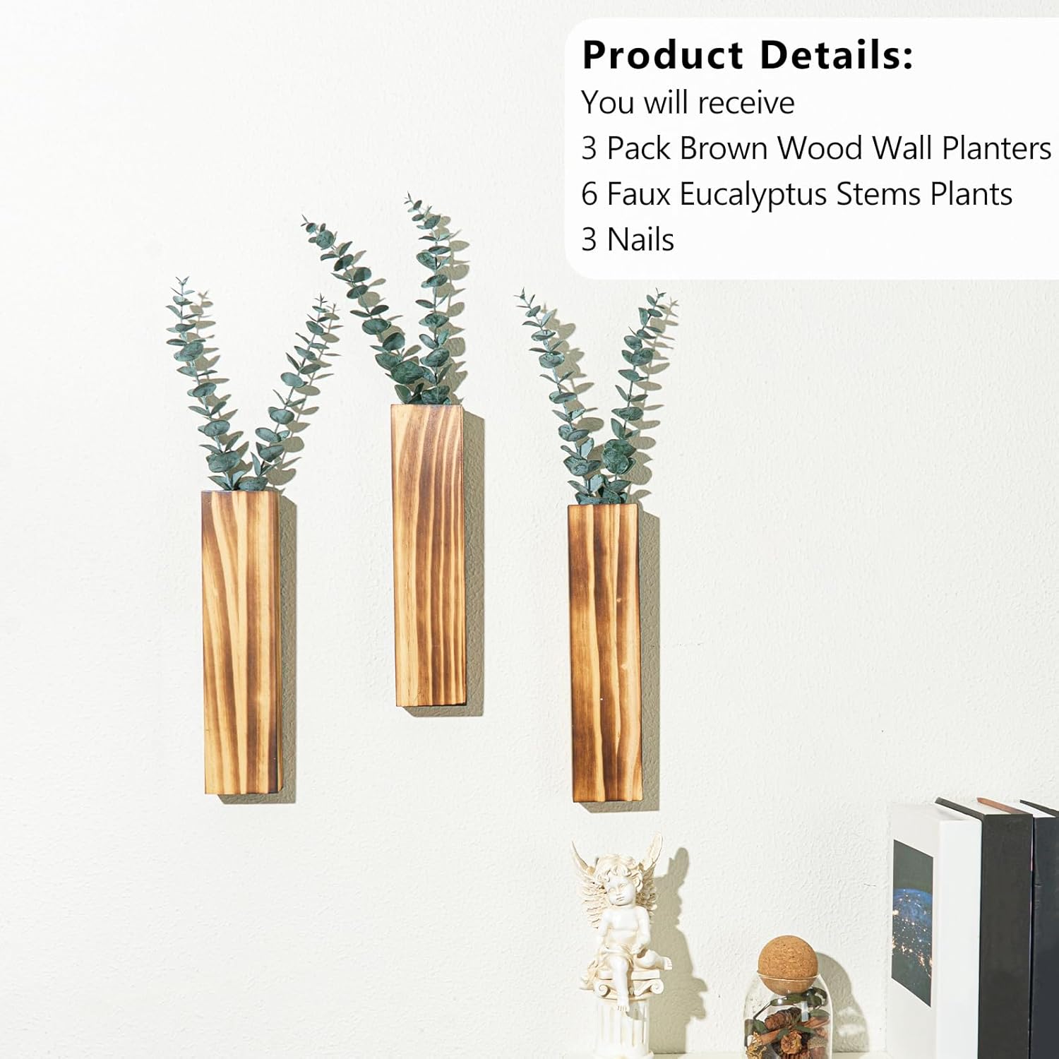 3 Pack Wood Wall Planters with 6 Pcs Artificial Eucalyptus, Plant Wall Decor for Living Room, Bedroom, Bathroom, Office, Wall Hanging Decor Wall Vase with Faux Plants, Brown