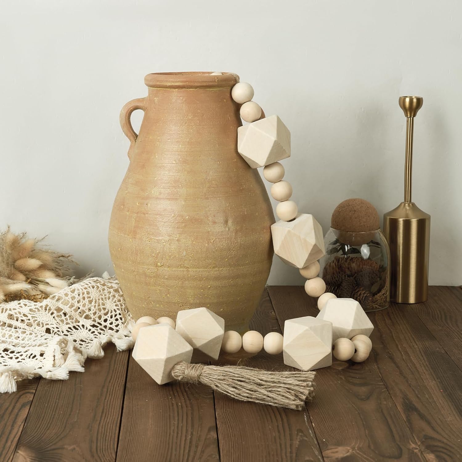 Extra Large Wood Bead Garland with 2&#34; Diameter Wooden Beads, 42&#34; Long Rustic Farmhouse Wooden Beads Garland with Tassels, Decorative Beads Boho Decorations for Home Table Mantle Natural Beige