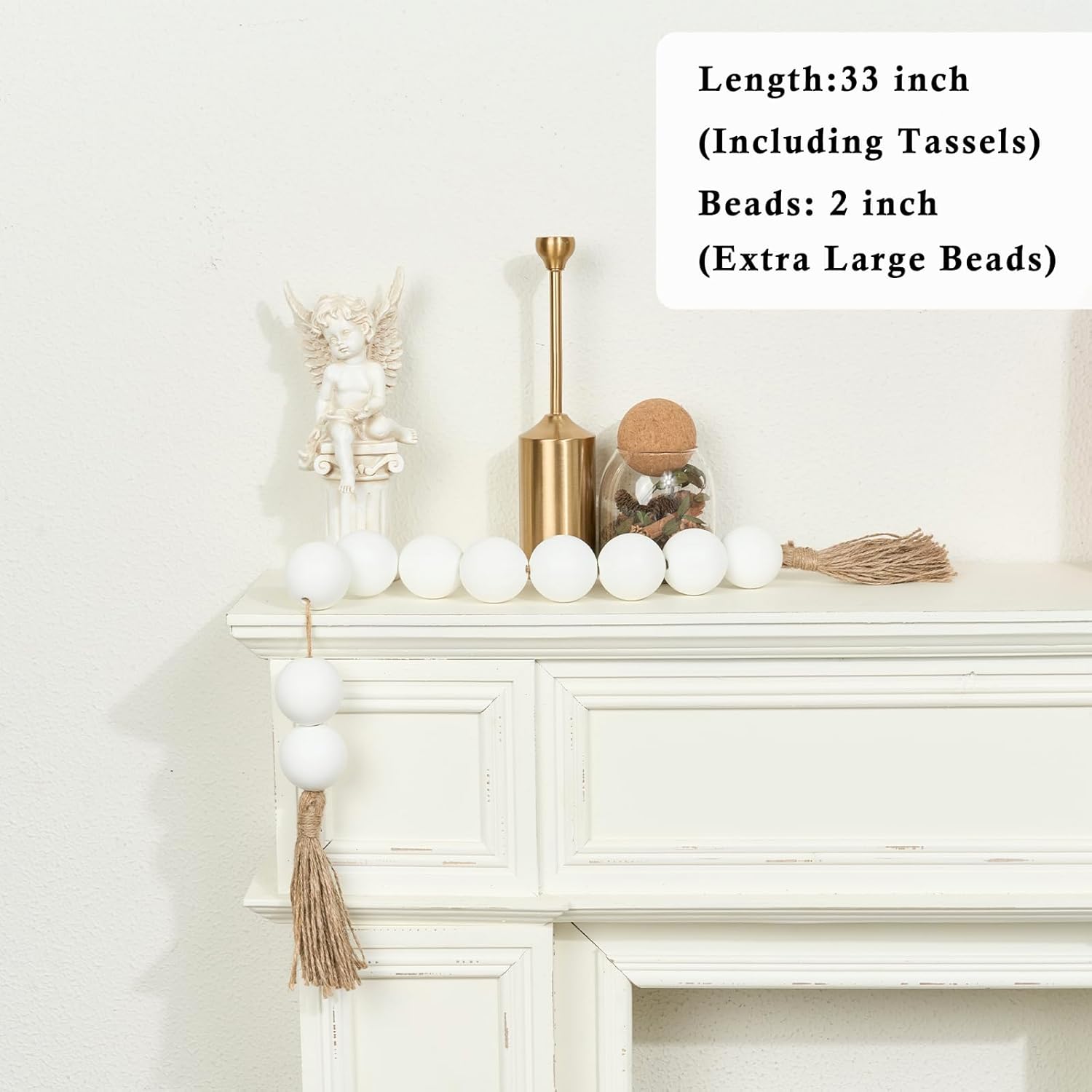 OMISHE Extra Large Wood Bead Garland with 2&#34; Diameter Wooden Beads, 33&#34; Long Rustic Farmhouse Wooden Decorative Beads Boho Decorations for Home Table Mantle, White