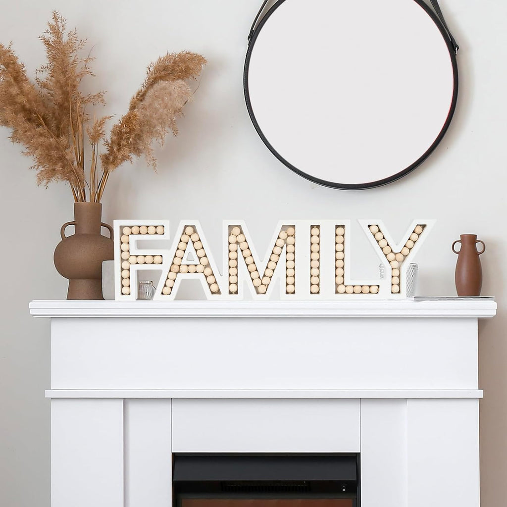 OMISHE Family Sign for Tabletop or Wall Hanging, Freestanding Rustic Beaded Family Letters for Farmhouse Home Table Decor, Gift for Birthday, Mothers Day, Fathers Day, Wedding, Valentine, Thanksgiving