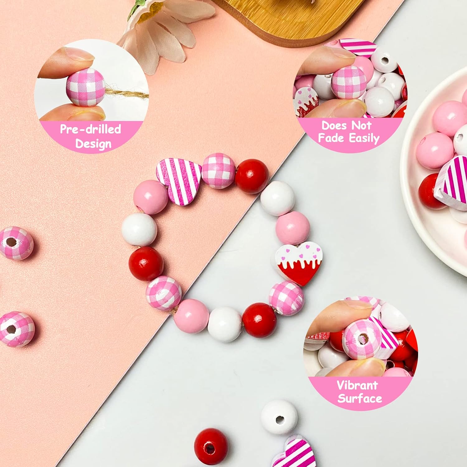 190 Pieces Valentine&#39;s Day Wood Beads Love Heart DIY Craft Wooden Beads Valentine&#39;s Decoration Plaid Buffalo Red Pink White Bubblegum Beads Bulk for Valentine&#39;s Day Decor Garland Jewelry Making