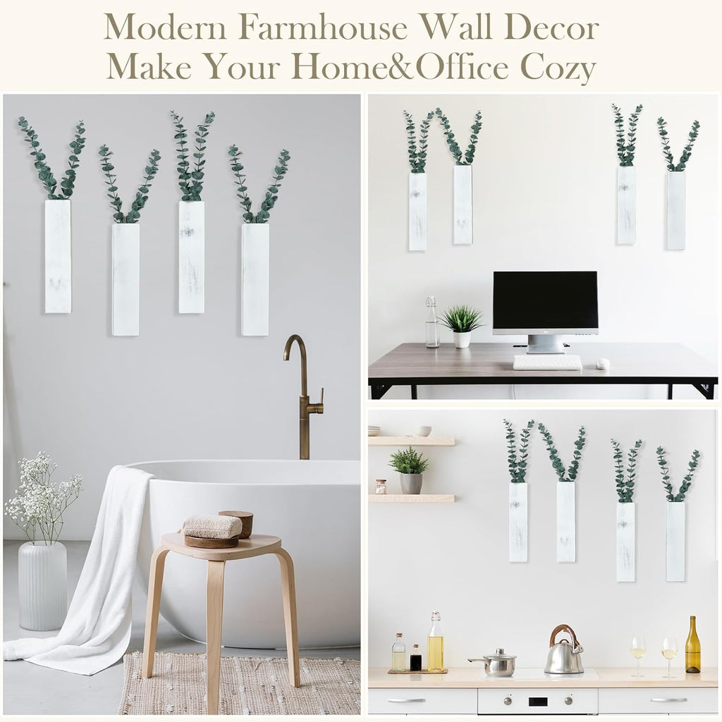 4 Pack Wood Wall Planters with 8 Pcs Artificial Eucalyptus, Plant Wall Decor for Living Room, Bedroom, Bathroom, Office, Wall Hanging Decor Wall Vase with Faux Plants, Rustic White