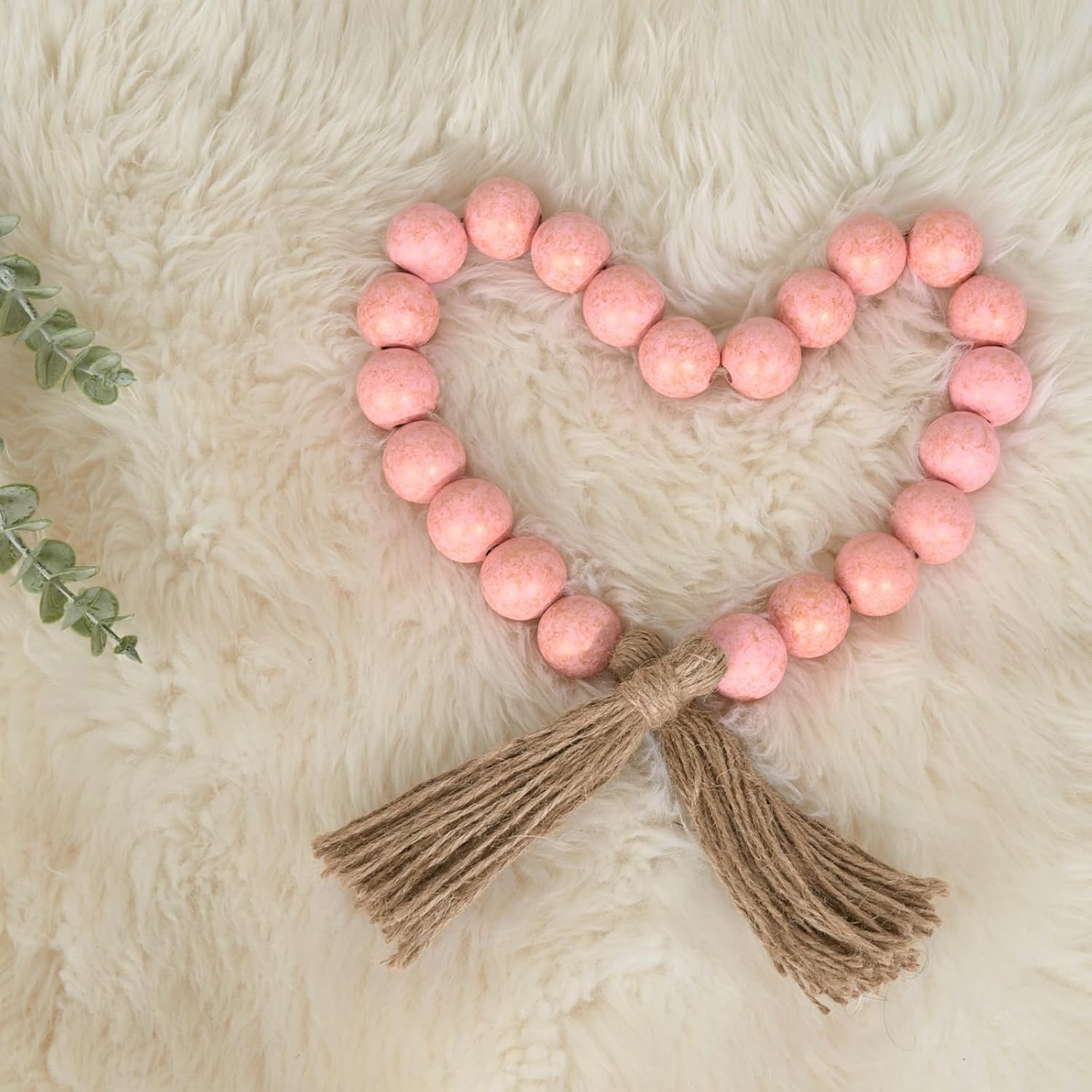 OMISHE 1.2&#34; Large Wood Bead Garland with Tassels, 35.5&#34; Long Boho Decorative Beads, Farmhouse Beads Garland for Home Tiered Tray Decor, Rustic Pink