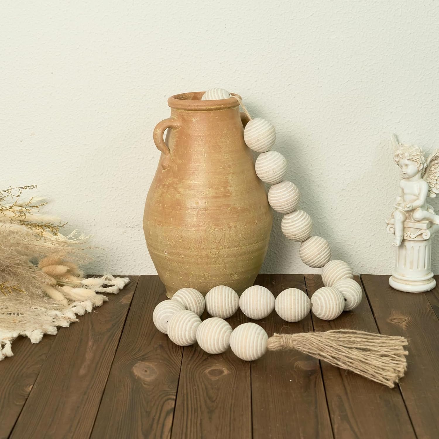 50&#34; Long Ribbed Extra Large Wood Bead Garland with 2&#34; Diameter Wooden Beads, Rustic Farmhouse Wooden Beads Garland with Tassels, Boho Decorative Beads for Home Table Mantle Rustic White