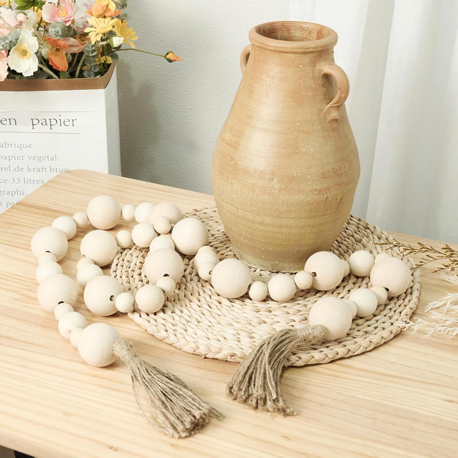 2&#34; Extra Large Wood Bead Garland with Tassels, 75&#34; Long Rustic Farmhouse Wooden Beads Garland, Decorative Beads Boho Decorations for Home Table Mantle Natural Beige