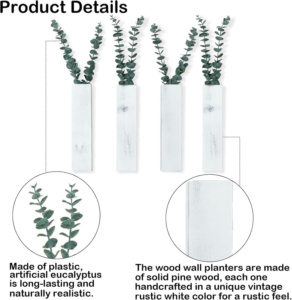 4 Pack Wood Wall Planters with 8 Pcs Artificial Eucalyptus, Plant Wall Decor for Living Room, Bedroom, Bathroom, Office, Wall Hanging Decor Wall Vase with Faux Plants, Rustic White