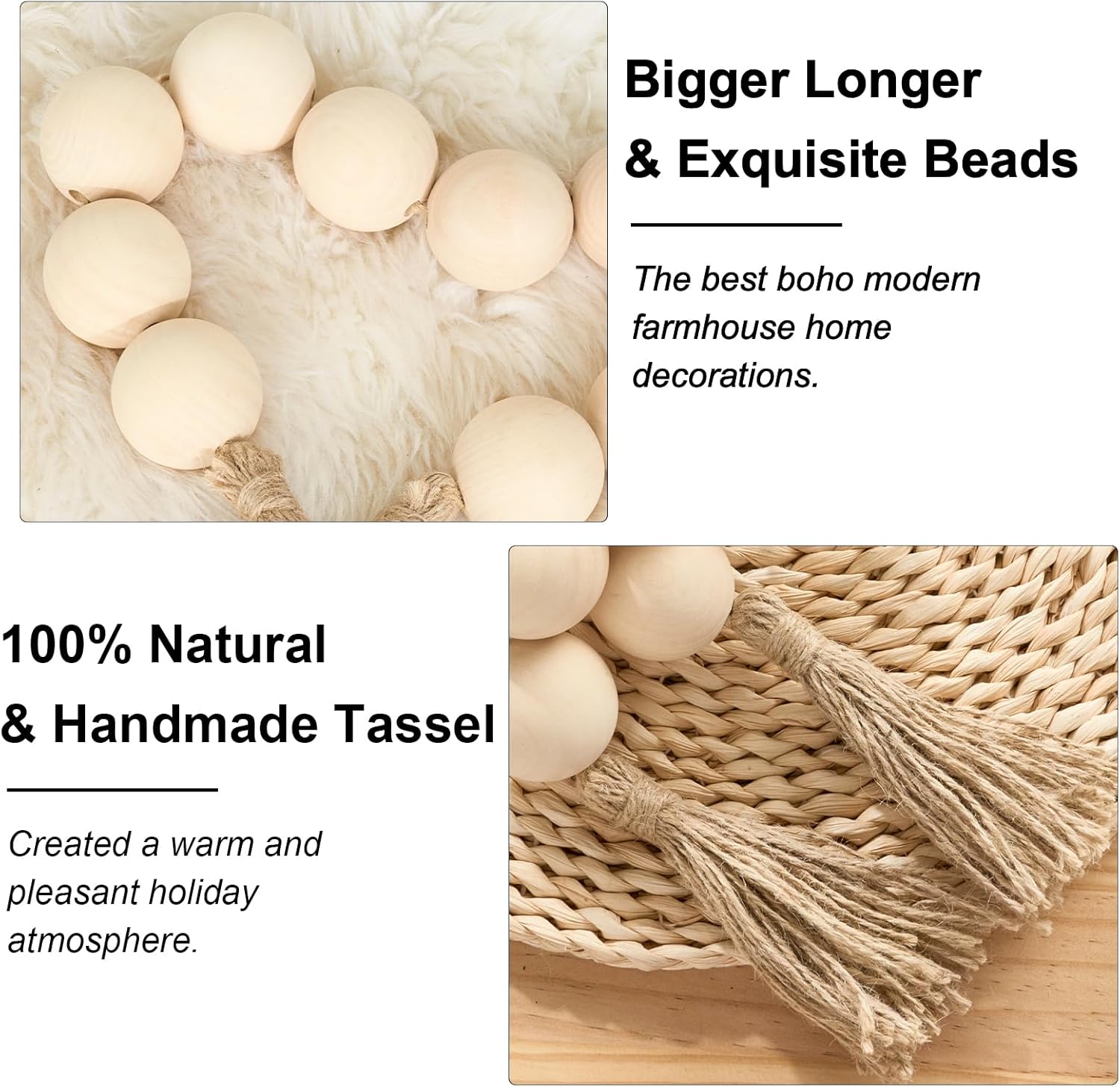 OMISHE Extra Large Wood Bead Garland with 2&#34; Diameter Wooden Beads, 33&#34; Long Rustic Farmhouse Wooden Beads Garland with Tassels, Decorative Beads Boho Decorations for Home Table Mantle Natural Beige