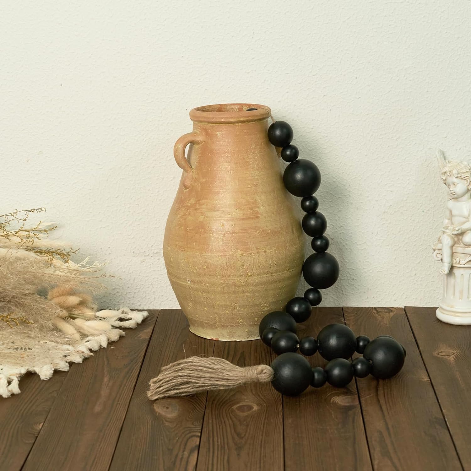 2&#34; Extra Large Wood Bead Garland with Tassels, 44&#34; Long Rustic Farmhouse Wooden Beads Garland, Decorative Beads Boho Decorations for Home Table Mantle Black