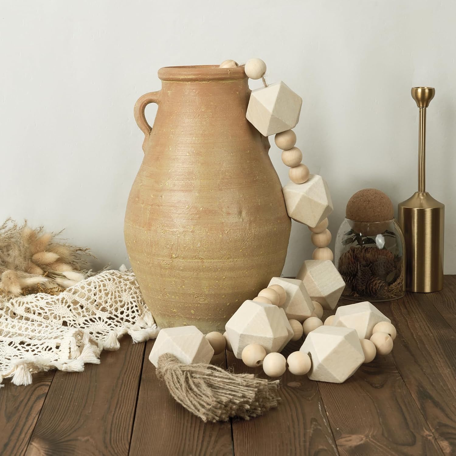 2&#34; Octagonal Extra Large Wood Bead Garland with Tassels, 55&#34; Long Rustic Farmhouse Wooden Beads Garland, Decorative Beads Boho Decorations for Home Table Mantle Natural Beige