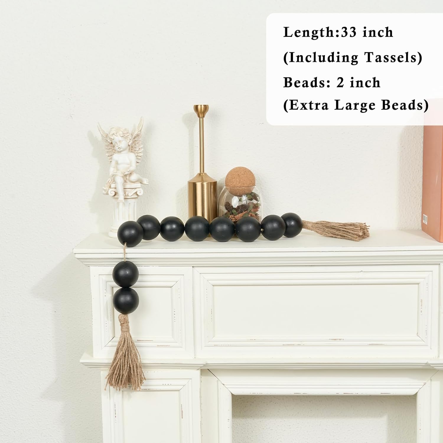 OMISHE Extra Large Wood Bead Garland with 2&#34; Diameter Wooden Beads, 33&#34; Long Rustic Farmhouse Wooden Beads Garland with Tassels, Decorative Beads Boho Decorations for Home Table Mantle Black