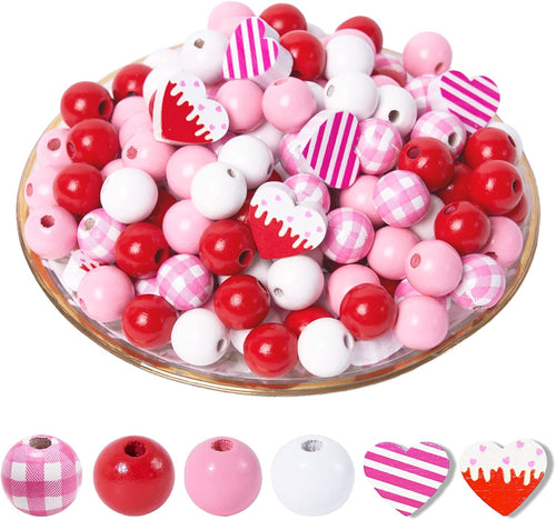 190 Pieces Valentine&#39;s Day Wood Beads Love Heart DIY Craft Wooden Beads Valentine&#39;s Decoration Plaid Buffalo Red Pink White Bubblegum Beads Bulk for Valentine&#39;s Day Decor Garland Jewelry Making