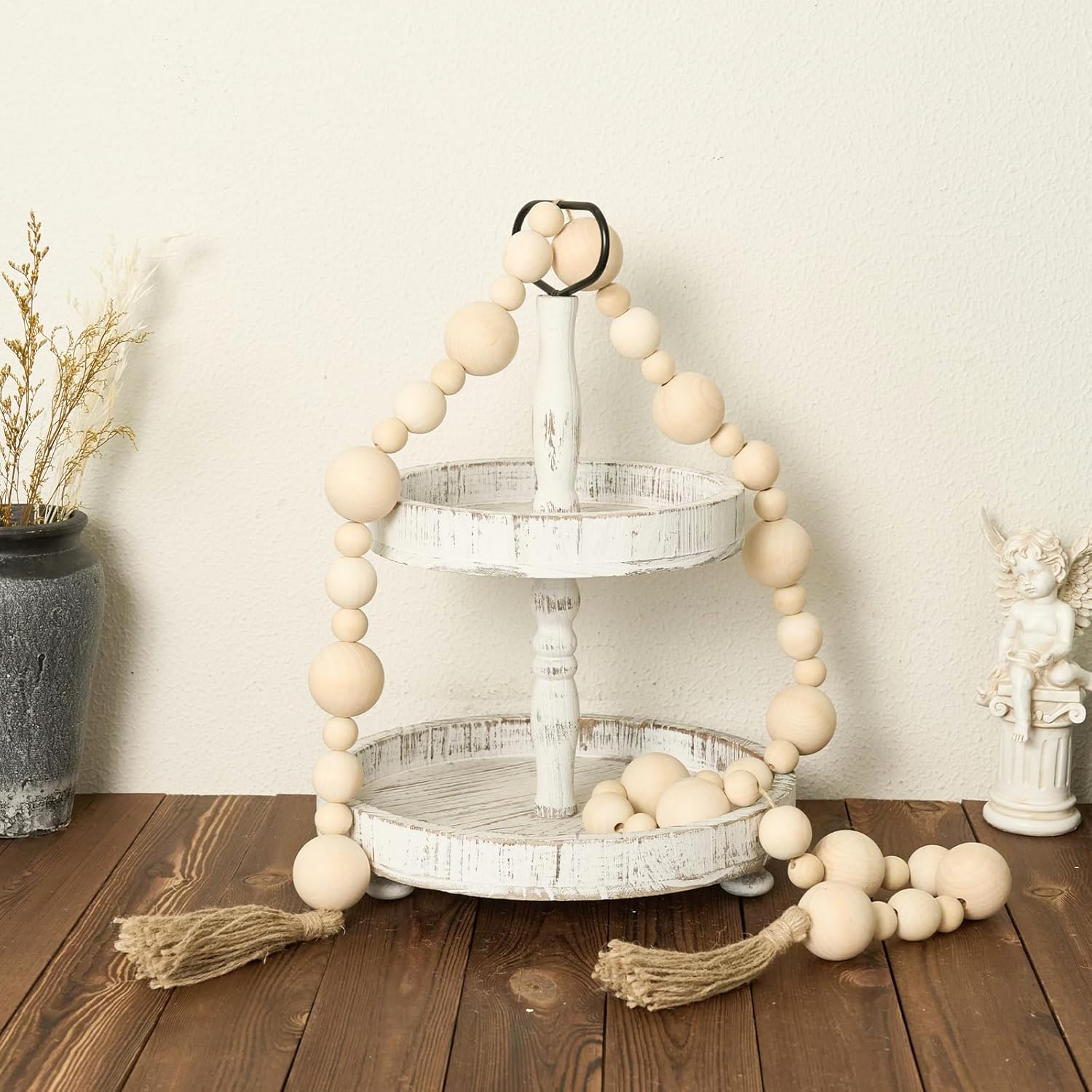 2&#34; Extra Large Wood Bead Garland with Tassels, 75&#34; Long Rustic Farmhouse Wooden Beads Garland, Decorative Beads Boho Decorations for Home Table Mantle Natural Beige