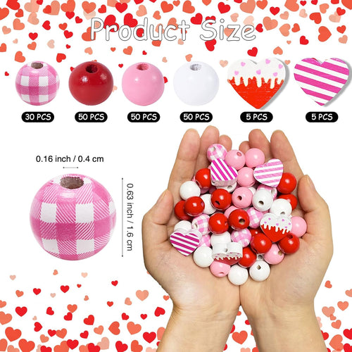 190 Pieces Valentine&#39;s Day Wood Beads Love Heart DIY Craft Wooden Beads Valentine&#39;s Decoration Plaid Buffalo Red Pink White Bubblegum Beads Bulk for Valentine&#39;s Day Decor Garland Jewelry Making