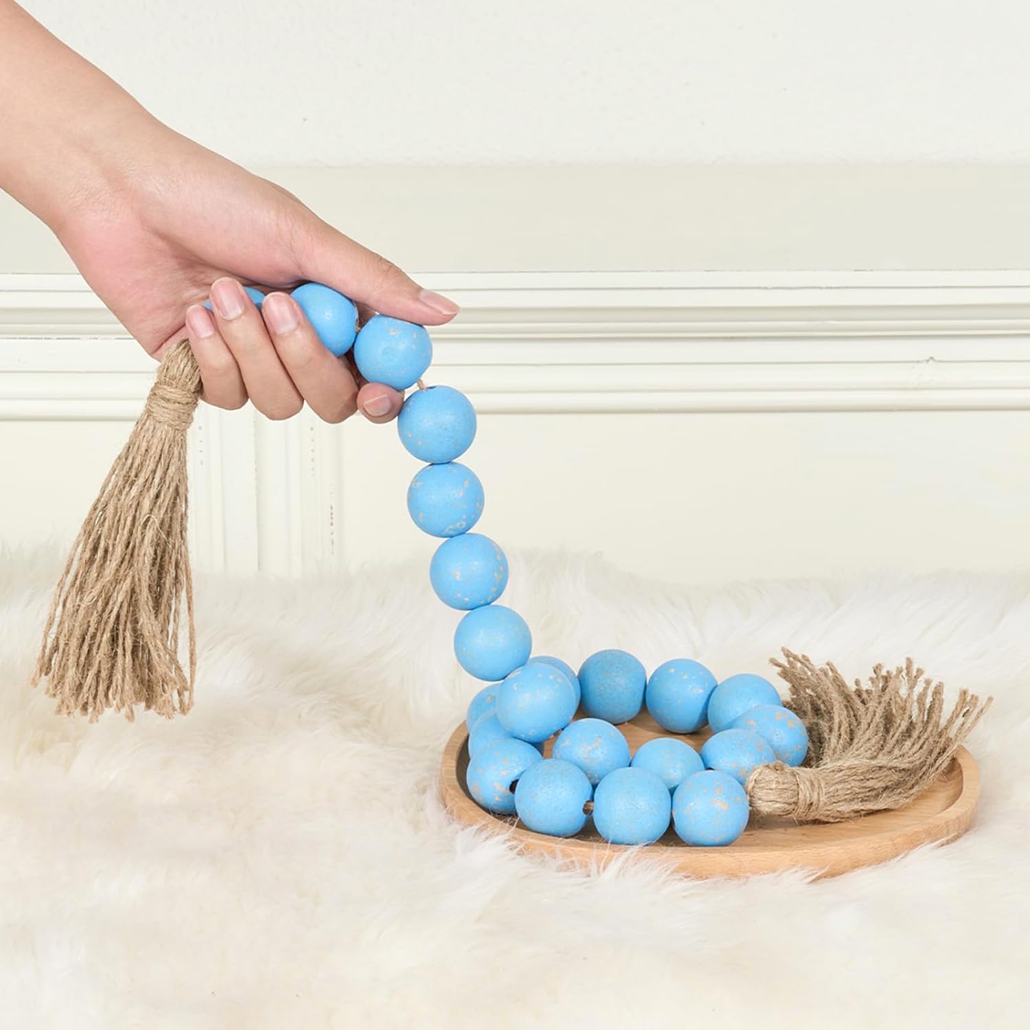 OMISHE 1.2&#34; Large Wood Bead Garland with Tassels, 35.5&#34; Long Boho Decorative Beads, Farmhouse Beads Garland for Home Tiered Tray Decor, Rustic Blue