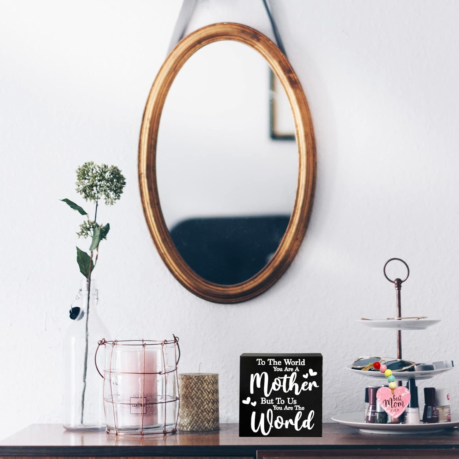 OMISHE Birthday Gifts for Mom, To the World You Are A Mother, But to Our Family You Are the World Wood Sign, Best Mom Ever Wood Bead Garland, Sentimental Mom Gifts, Mothers Day Gifts from Son Daughter