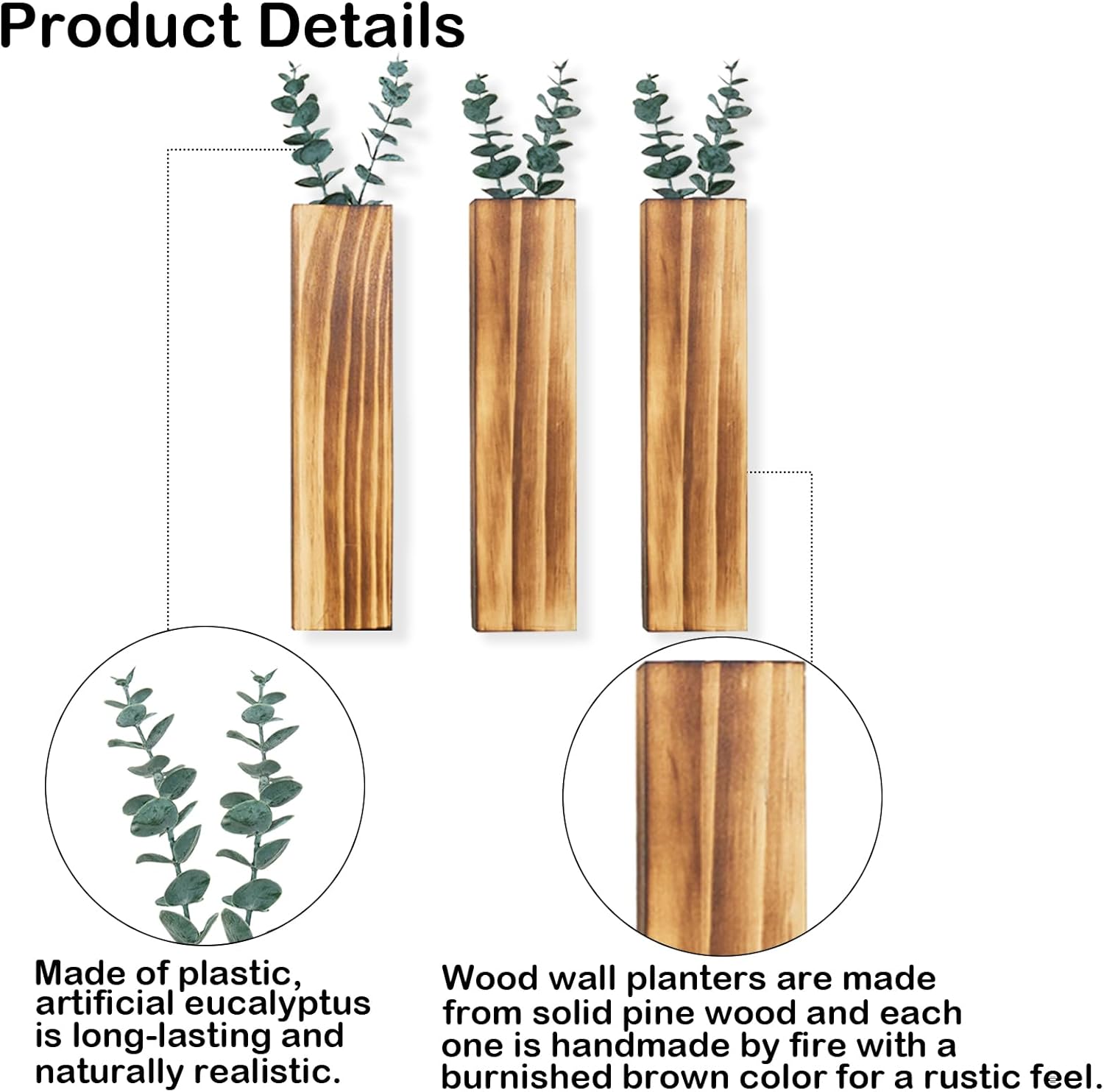 3 Pack Wood Wall Planters with 6 Pcs Artificial Eucalyptus, Plant Wall Decor for Living Room, Bedroom, Bathroom, Office, Wall Hanging Decor Wall Vase with Faux Plants, Brown