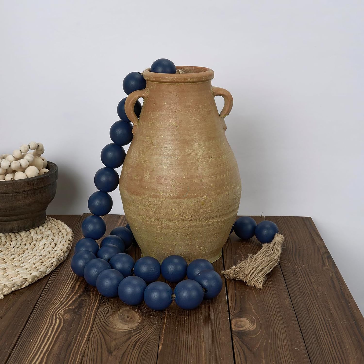 OMISHE 76&#34; Long Extra Large Wood Bead Garland Navy Blue with 1.6&#34; Diameter Wooden Beads and Tassels, Rustic Farmhouse Country Decorative Beads for Home Decor Tiered Tray Decor, Navy Blue