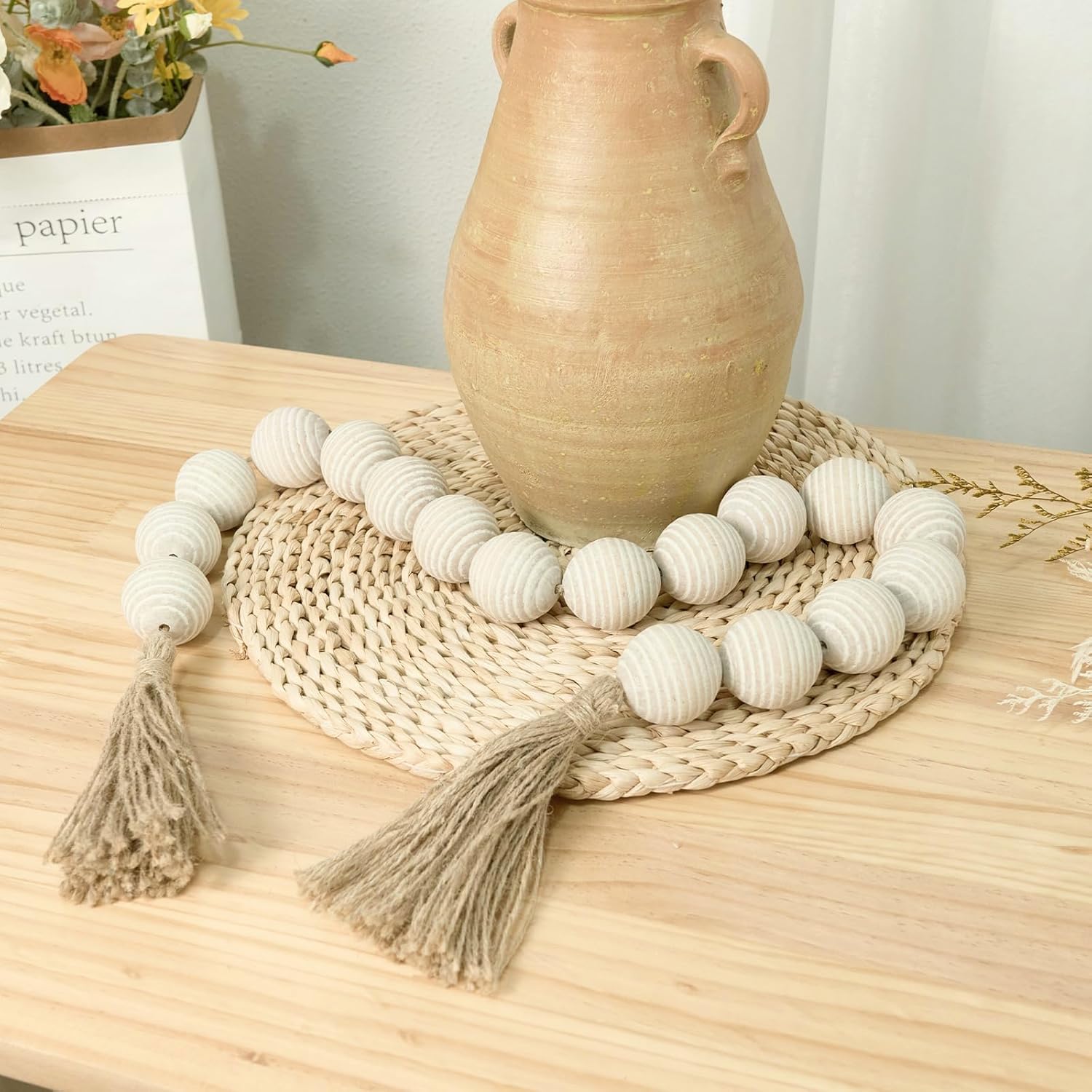 50&#34; Long Ribbed Extra Large Wood Bead Garland with 2&#34; Diameter Wooden Beads, Rustic Farmhouse Wooden Beads Garland with Tassels, Boho Decorative Beads for Home Table Mantle Rustic White