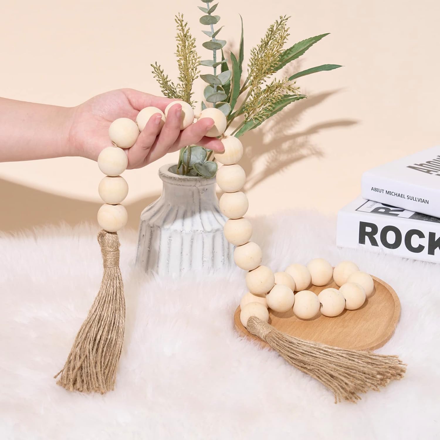 OMISHE 40&#34; Long Large Wood Bead Garland with 1.2&#34; Diameter Wooden Beads and Tassels, Rustic Farmhouse Country Wood Beads Garland for Home Tiered Tray Decor, Decorative Beads with Tassels Beige