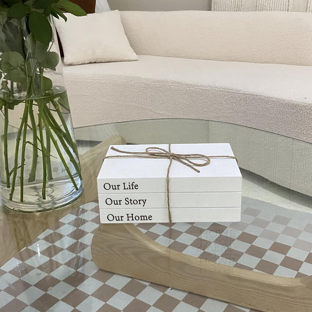 Decorative Books for Home Decor, White Faux Books for Decoration, Rustic Farmhouse Stacked Display Books (Our Life Our Story Our Home)