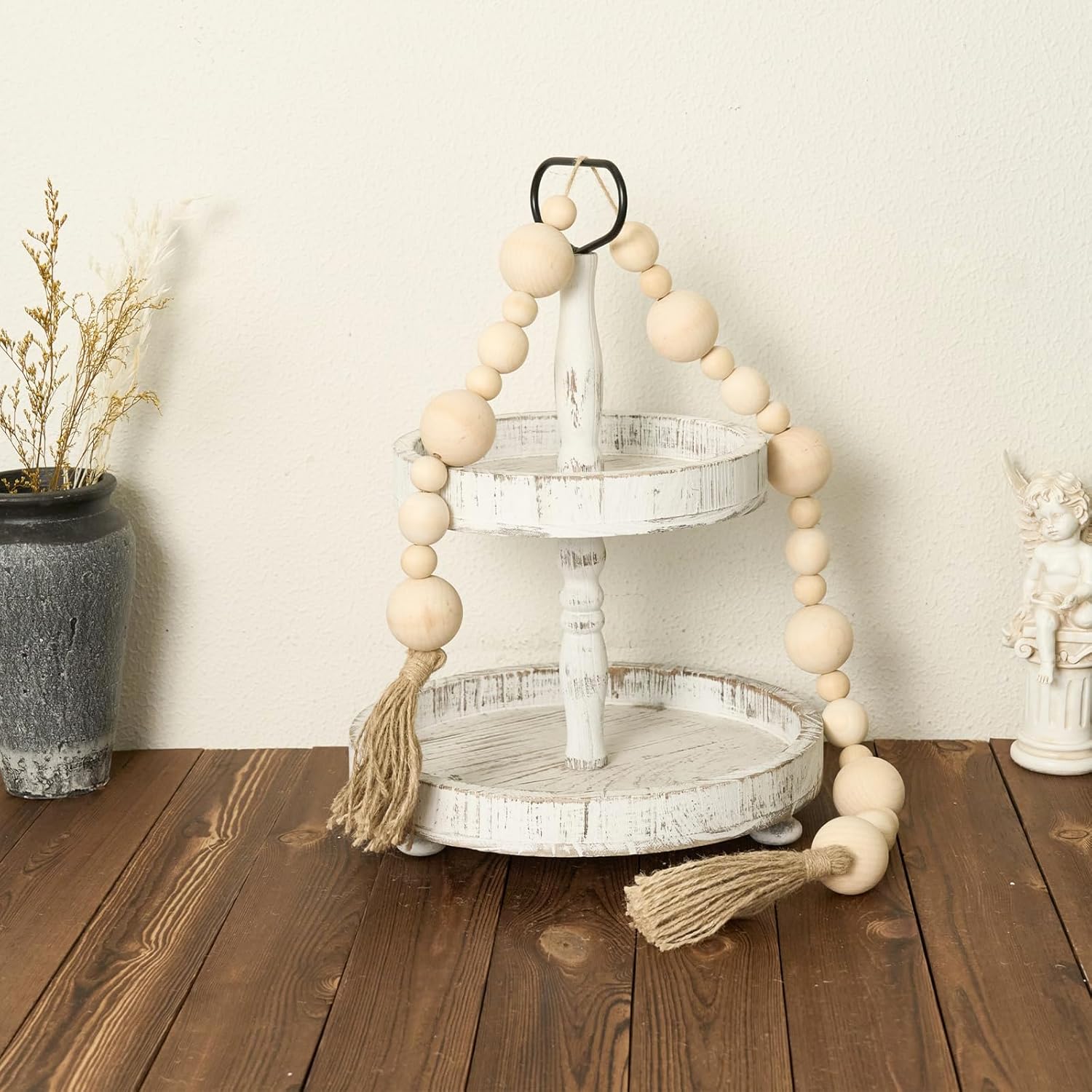 2&#34; Extra Large Wood Bead Garland with Tassels, 50&#34; Long Rustic Farmhouse Wooden Beads Garland, Decorative Beads Boho Decorations for Home Table Mantle Natural Beige