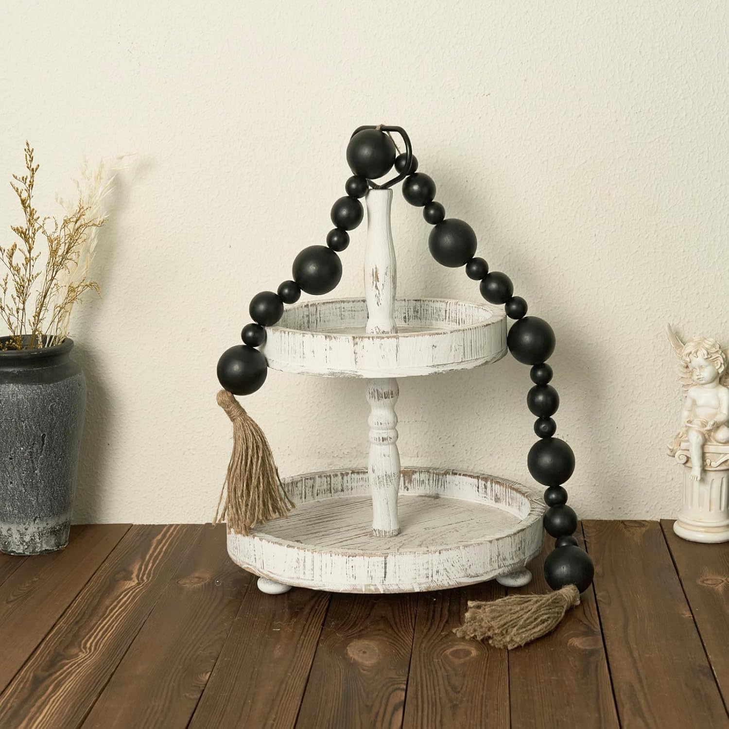 2&#34; Extra Large Wood Bead Garland with Tassels, 44&#34; Long Rustic Farmhouse Wooden Beads Garland, Decorative Beads Boho Decorations for Home Table Mantle Black