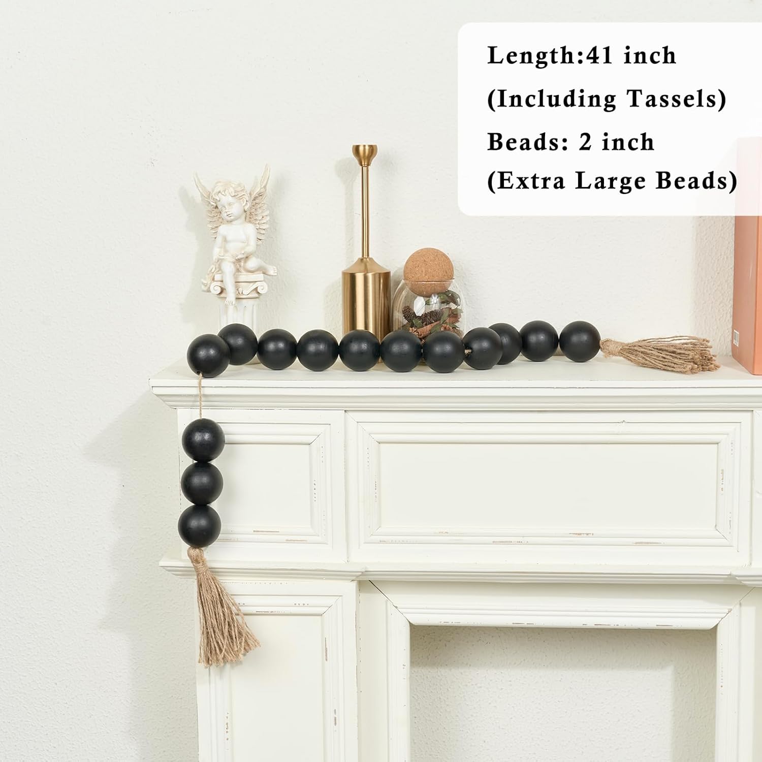 OMISHE Extra Large Wood Bead Garland with 2&#34; Diameter Wooden Beads, 41&#34; Long Rustic Farmhouse Wooden Beads Garland with Tassels, Decorative Beads Boho Decorations for Home Table Mantle Black