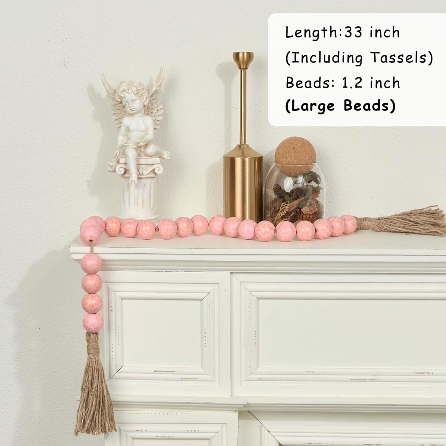 OMISHE 1.2&#34; Large Wood Bead Garland with Tassels, 35.5&#34; Long Boho Decorative Beads, Farmhouse Beads Garland for Home Tiered Tray Decor, Rustic Pink