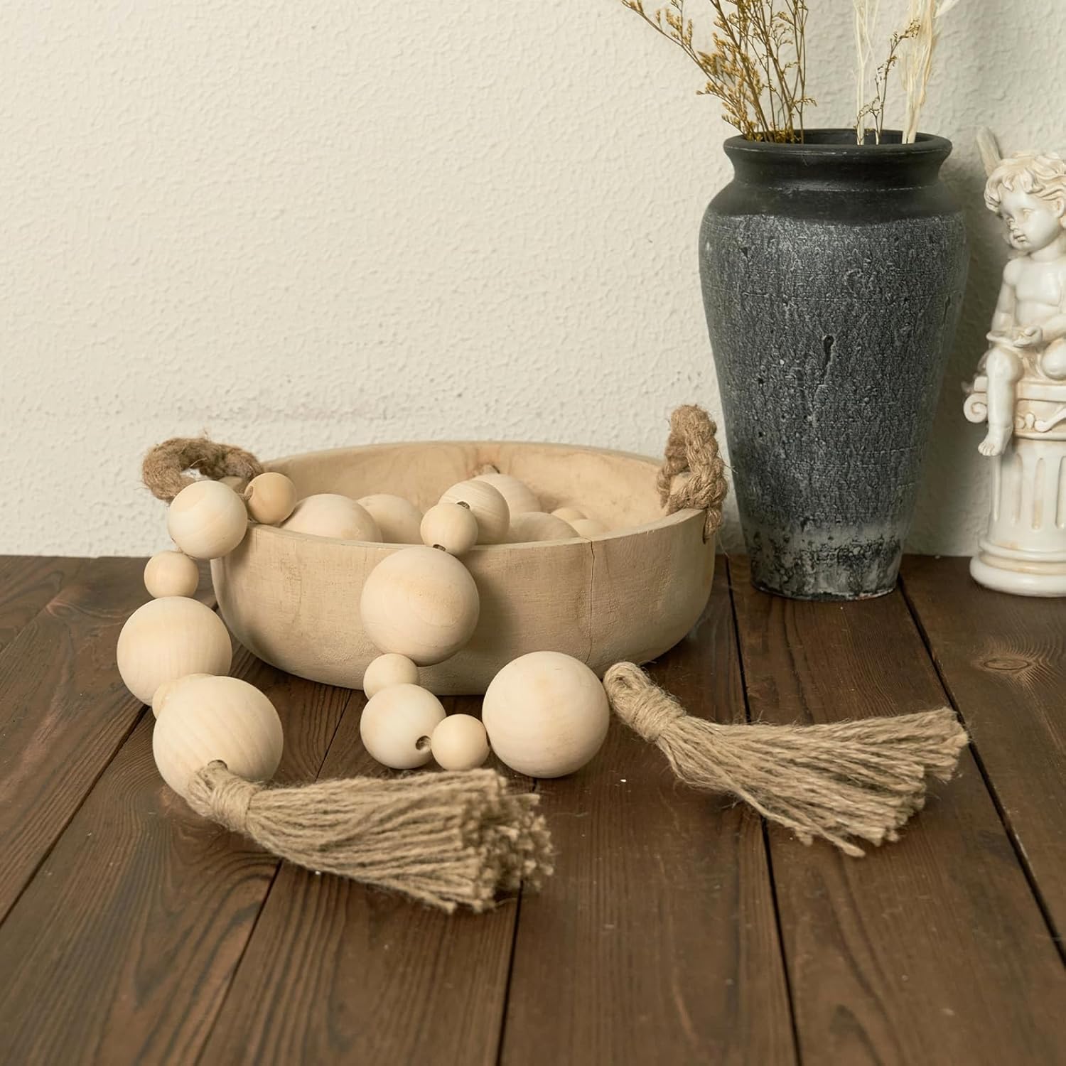 2&#34; Extra Large Wood Bead Garland with Tassels, 50&#34; Long Rustic Farmhouse Wooden Beads Garland, Decorative Beads Boho Decorations for Home Table Mantle Natural Beige