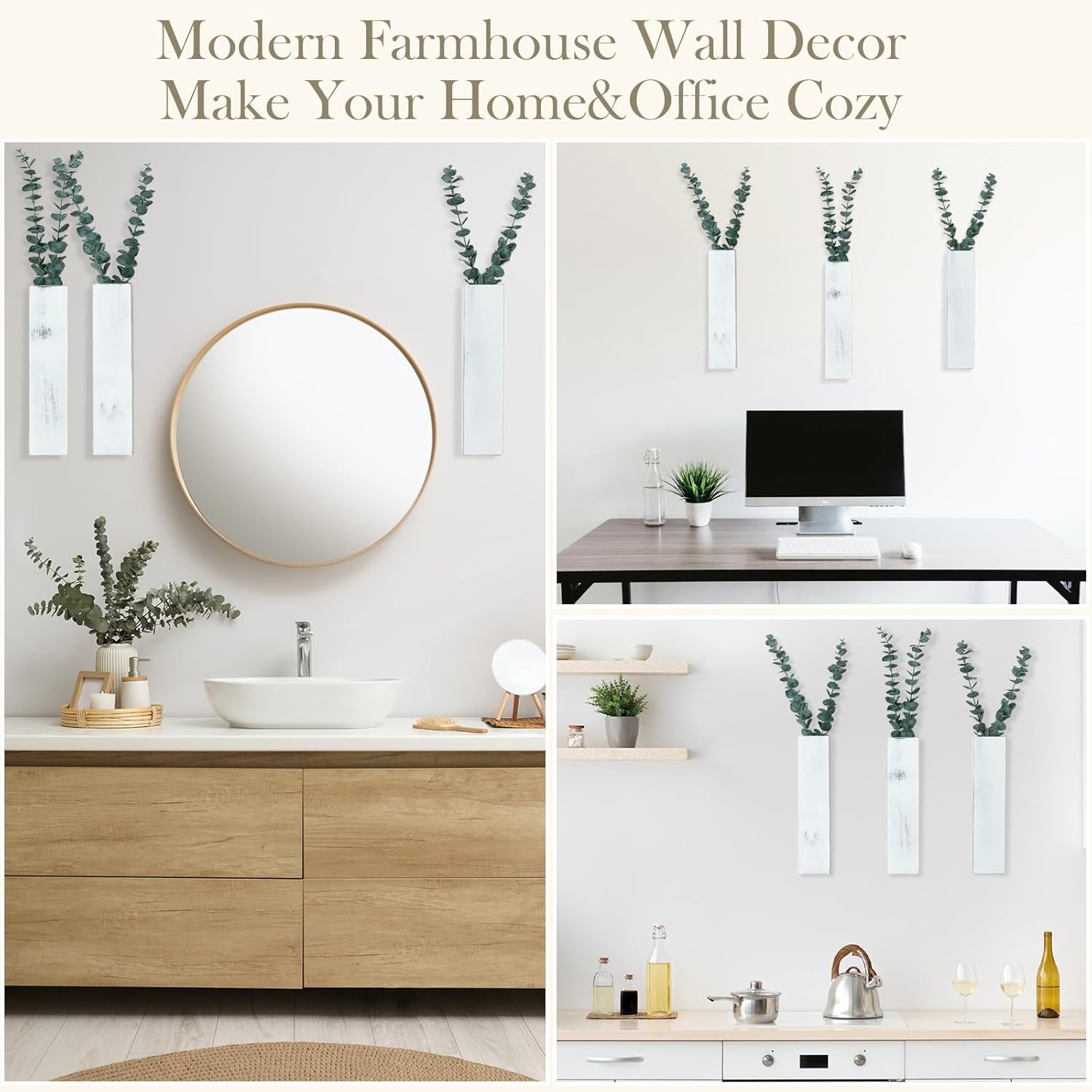 3 Pack Wood Wall Planters with 6 Pcs Artificial Eucalyptus, Plant Wall Decor for Living Room, Bedroom, Bathroom, Office, Wall Hanging Decor Wall Vase with Faux Plants, Rustic White