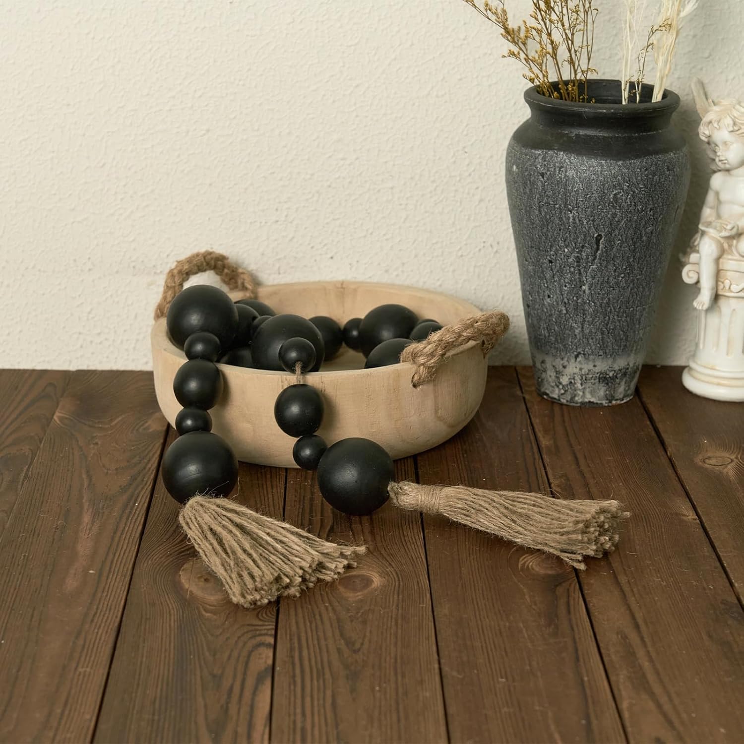 2&#34; Extra Large Wood Bead Garland with Tassels, 50&#34; Long Rustic Farmhouse Wooden Beads Garland, Decorative Beads Boho Decorations for Home Table Mantle Black