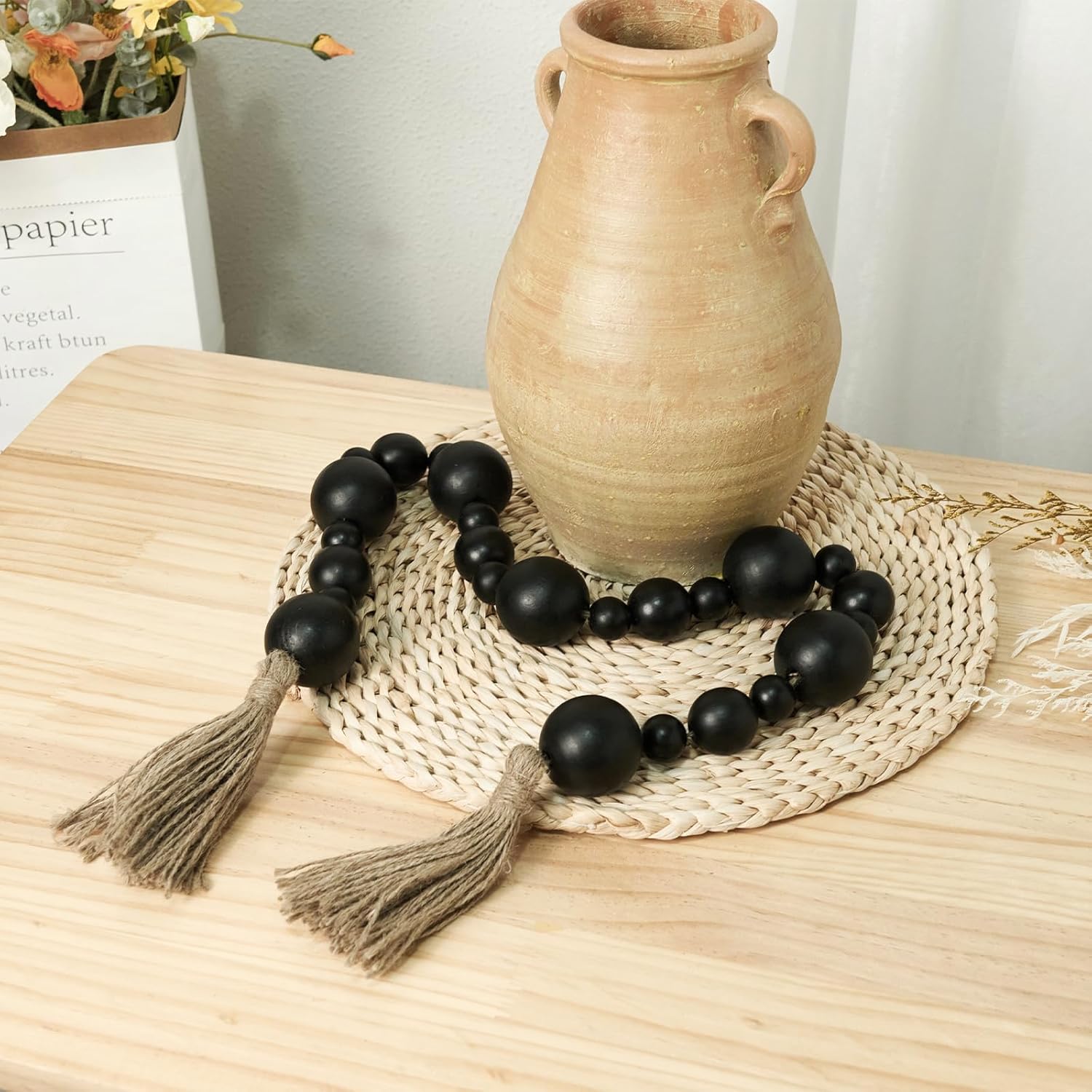 2&#34; Extra Large Wood Bead Garland with Tassels, 44&#34; Long Rustic Farmhouse Wooden Beads Garland, Decorative Beads Boho Decorations for Home Table Mantle Black